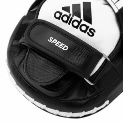 Adidas Leather Pro Speed 550 Focus Mitts – Black/White. -Professional Boxing Equipment Store 5 adisp550fm black white close up 01 2