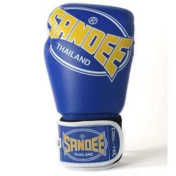 Sandee Cool-Tec Leather Sparring Glove – Blue/Yellow/White -Professional Boxing Equipment Store SandeeCoolTecVelcroBlueYellowWhiteLeatherBoxingGloveFront